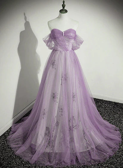 Lavender Tulle A-line Beaded Off Shoulder Party Dress